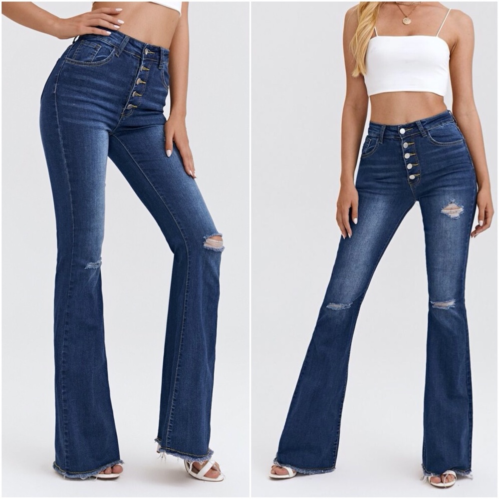 high waist distressed bell bottom denim jeans - Picture 3 of 4